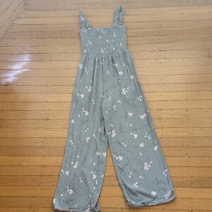 Aritzia Light Green Floral Smocked Jumpsuit with pockets